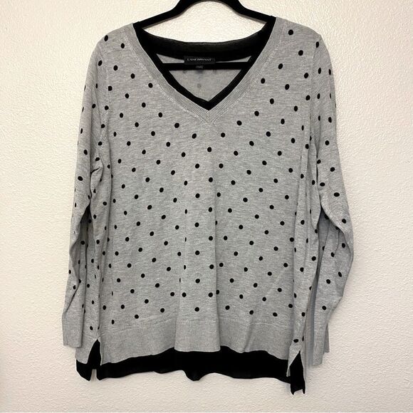 Lane Bryant knit gray black polka dot v neck sweater chiffon trim 18/20 - Picture 2 of 10